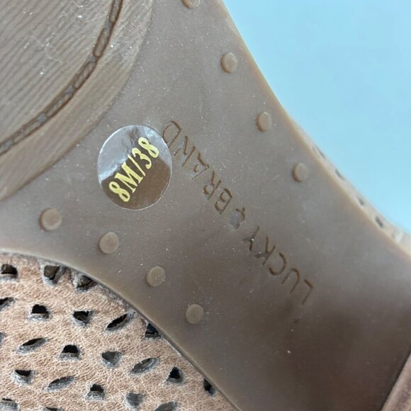 Lucky Brand Perforated Leather Bootie Size 8 Tan Suede Block Heel Peep Toe Boot - Picture 8 of 12